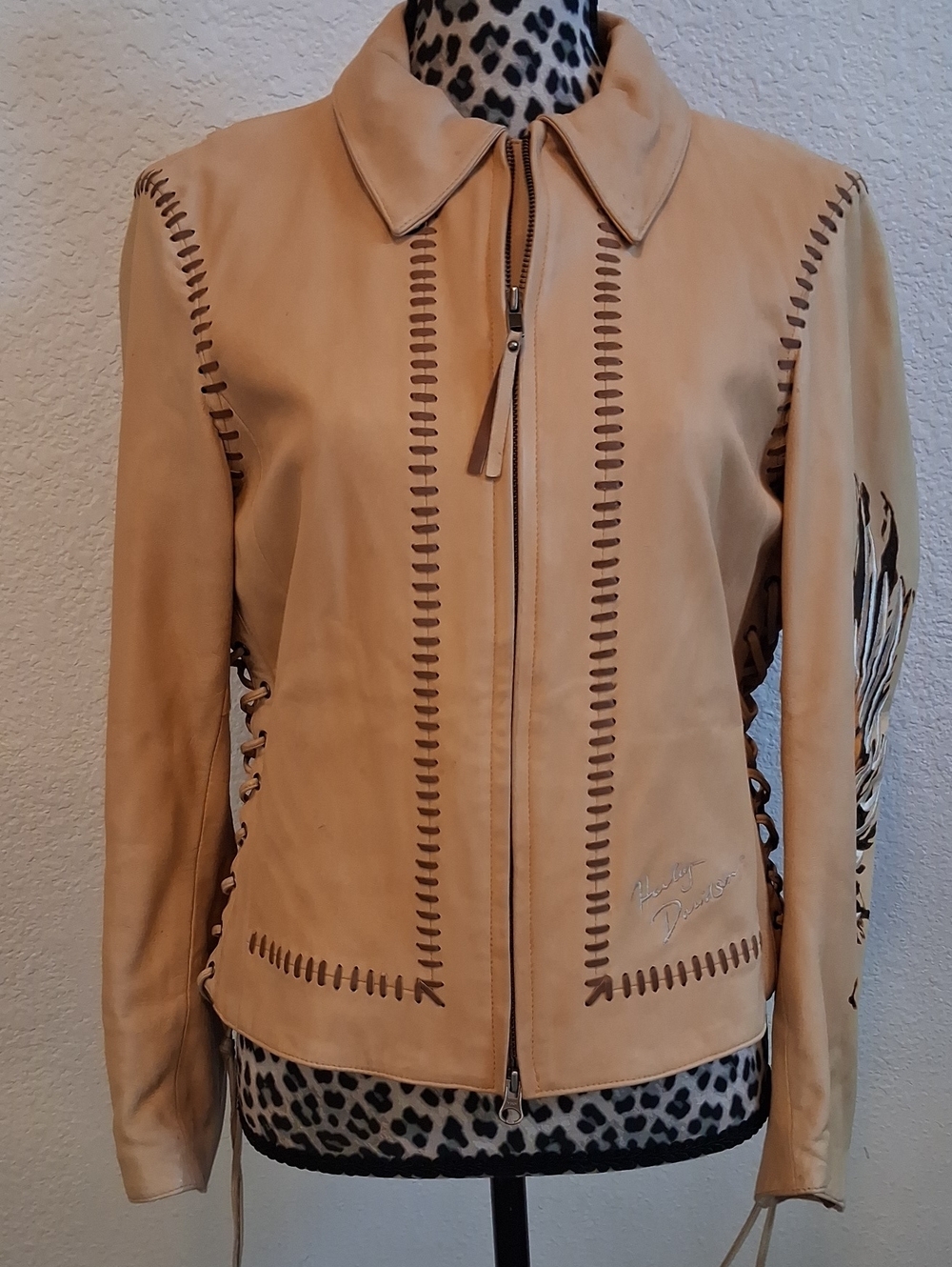 Harley-Davidson Women's VTG 2003 Tan Leather Wings Fringe LaceUp Jacket,Pants(M)